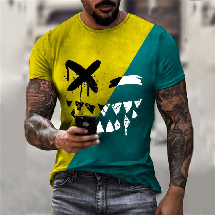Round Neck Colorblock Smiley Face Short-Sleeved T-Shirt